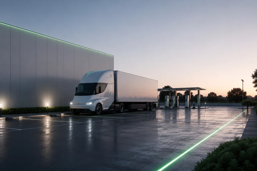 Electric truck parked beside a lit depot wall at night