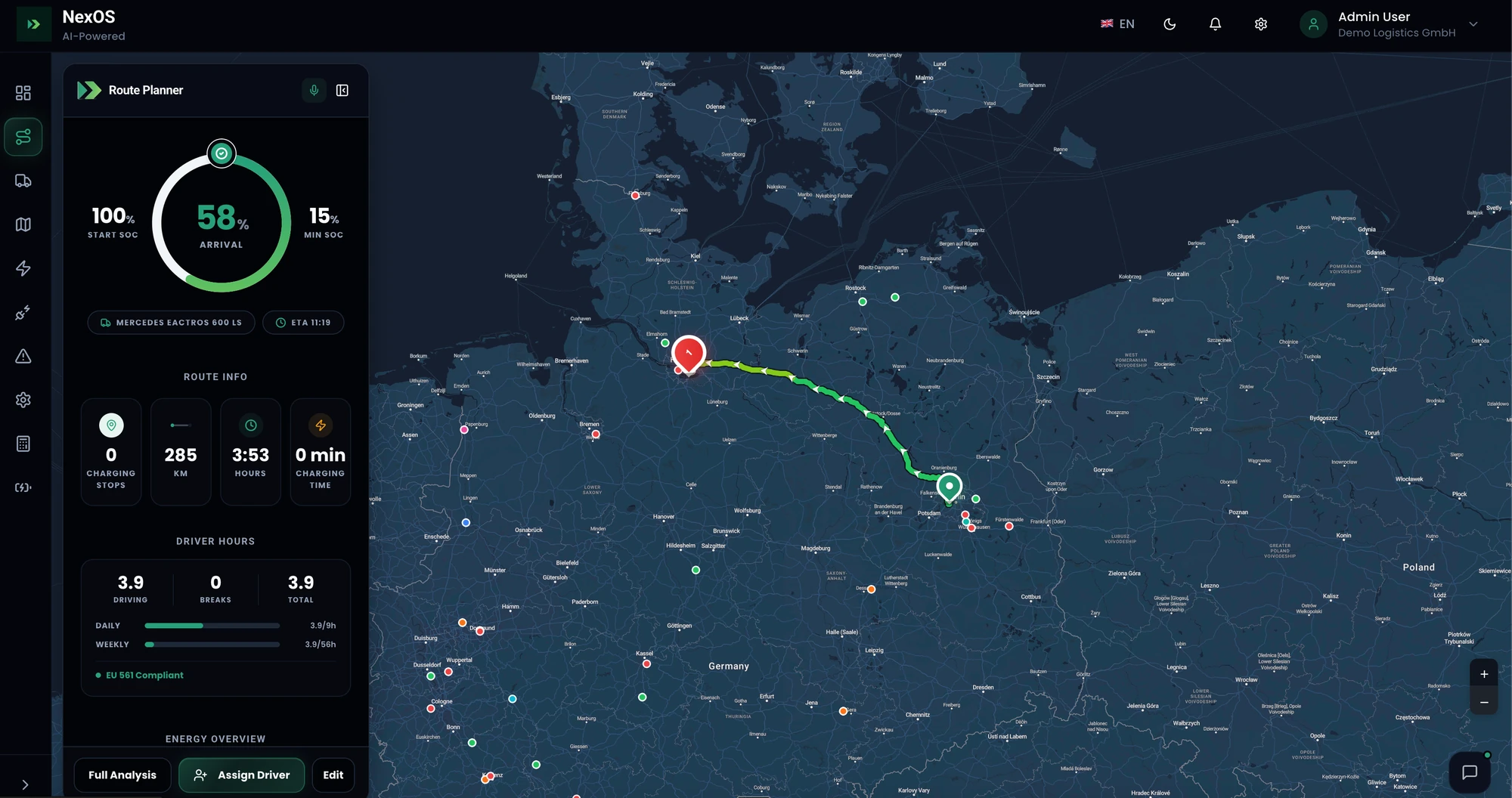 The NexOS console: route planner, state of charge, driver hours and a live fleet map