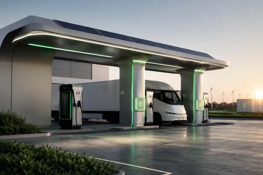 Solar-canopied charging hub with electric trucks plugged in at dusk