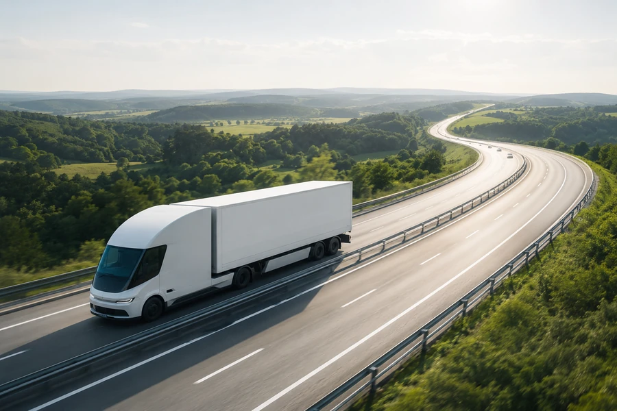 An electric NexDash truck on a motorway curving through green countryside