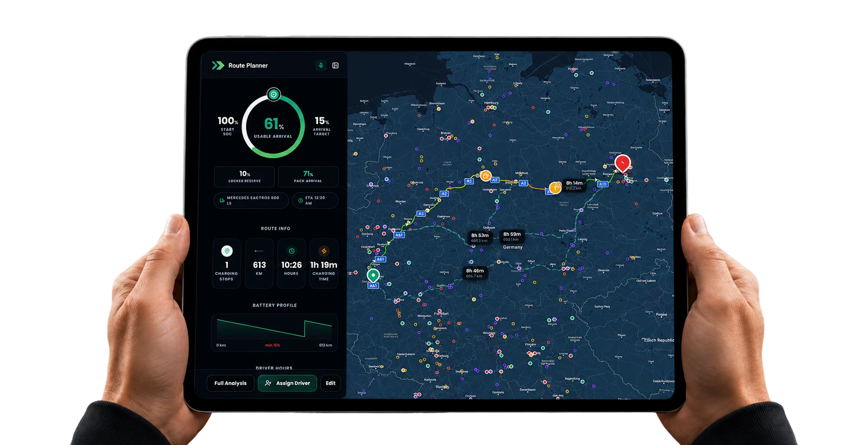 A NexOS route plan open on a tablet: state of charge, charging stops and driver hours over a live map