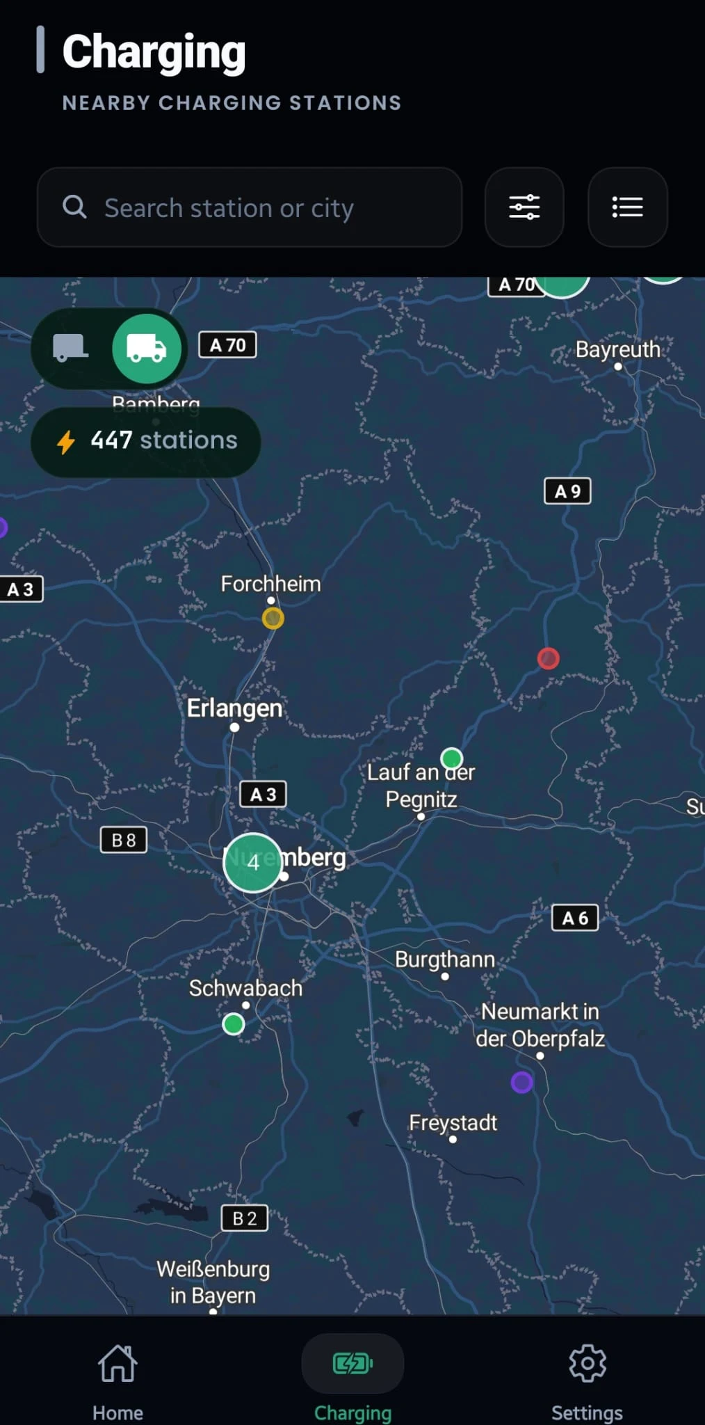 NexOS Driver App: nearby truck charging stations on the map