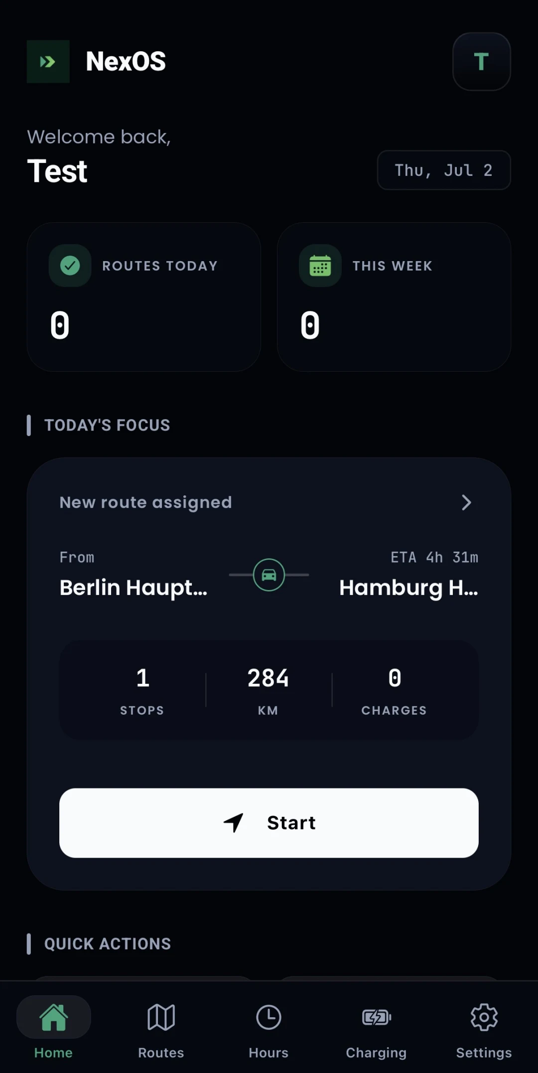 NexOS Driver App: assigned route from Berlin to Hamburg with ETA and charging plan