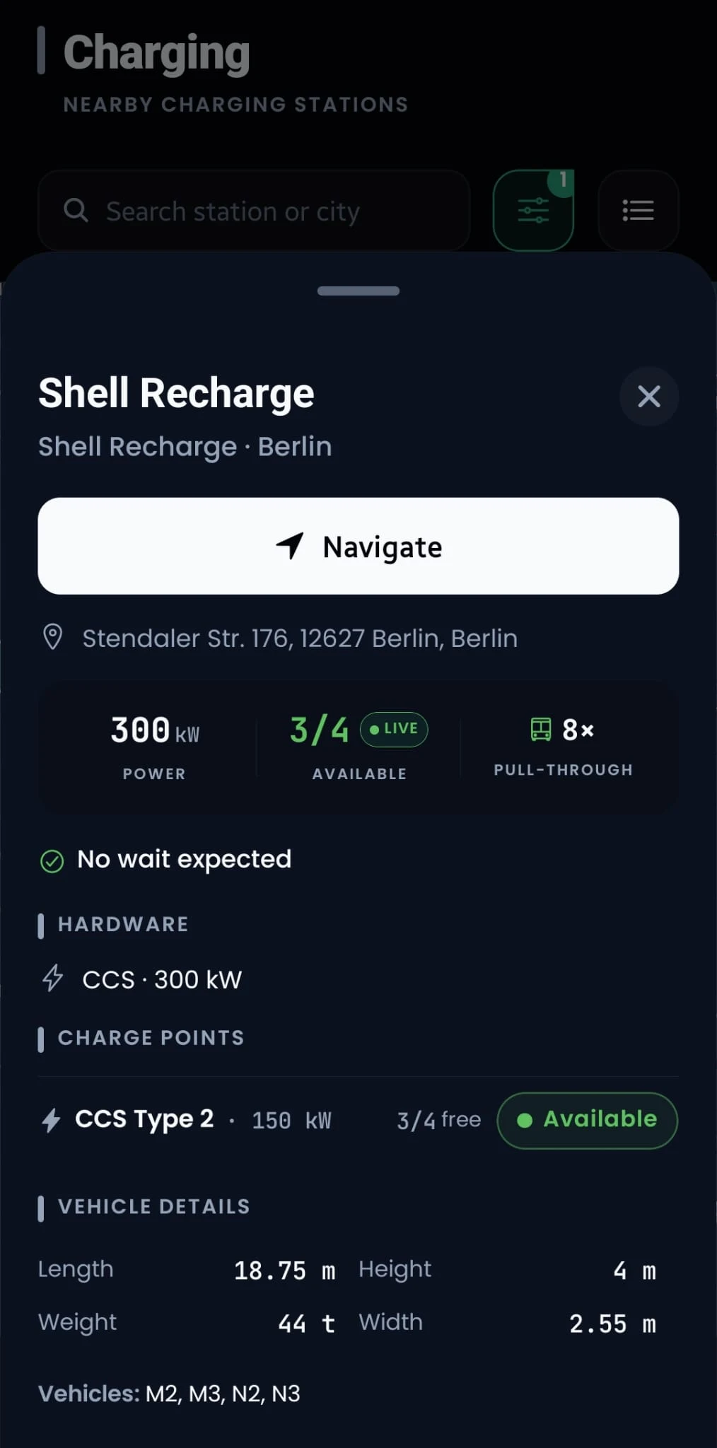 NexOS Driver App: Shell Recharge station detail with 300 kW power and live availability